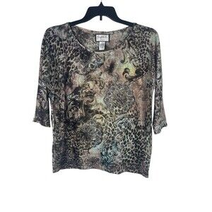 Mary McFadden Top Womens XXL Leopard Floral Rhinestone Embellished
